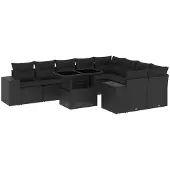 vidaXL 10-delige loungeset voor de tuin met kussens, zwart, polyrotan