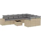 vidaXL 10-delige Loungeset met kussens poly rattan beige