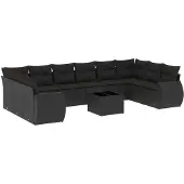 vidaXL 11-delige Loungeset met kussens poly rattan zwart