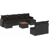 vidaXL 10-delige Loungeset met kussens poly rattan zwart