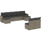 vidaXL 9-delige Loungeset met kussens poly rattan grijs