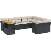 vidaXL 10-delige Loungeset met kussens poly rattan zwart