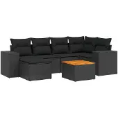 vidaXL 7-delige tuinmeubelset met kussens, zwart, polyrotan