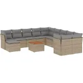 vidaXL 12-delige Loungeset met kussens poly rattan gemengd beige