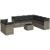 vidaXL 10-delige loungeset voor de tuin met kussens, grijs, polyrotan