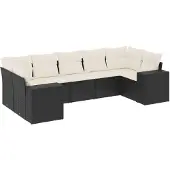 vidaXL 7-delige tuinmeubelset met kussens, zwart, polyrotan