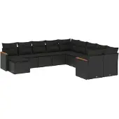 vidaXL 11-delige Loungeset met kussens poly rattan zwart