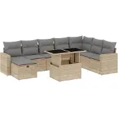 vidaXL 9-delige Loungeset met kussens poly rattan beige