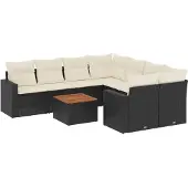 vidaXL 9-delige Loungeset met kussens poly rattan zwart