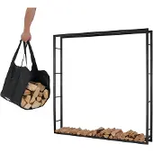 Lendo Online brandhoutrek 196x25x196cm + draagtas– Binnen en buiten -haardhout opslag – haardhoutrek – houtopslag – zwart - metaal