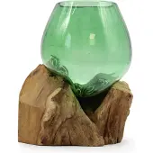 Ancient Wisdom Gesmolten Glas op Hout - Kleine Groene Kom op Hout van Gerecycled Bierflessen