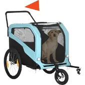 PawHut 2-in-1 hondenaanhanger, schuiffunctie, 2 ingangen, gaasraam, zonwering, stalen frame, lichtblauw, 170 x 77 x 90 cm