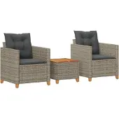 vidaXL 3-delige Bistroset met kussens poly rattan en acaciahout grijs