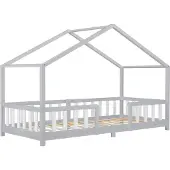 En.casa Kinderbed "Treviolo" met huiselijke uitstraling, voorzien van valbeveiliging. Gemaakt van dennenhout, afmetingen 90 x 200 cm, kleur lichtgrijs / wit
