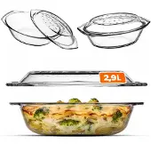 Kadax Ovenschaal van hittebestendig glas, ovenschaal met deksel en handgrepen, klassieke glazen vorm, transparant, lasagne schaal, ovenschalen (ovaal, 2,9 L)