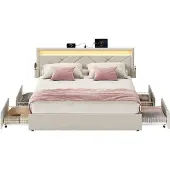 Vasagle Gestoffeerd tweepersoonsbed met lades en verstelbaar hoofdbord, cappuccinobeige / 140 x 200 cm