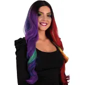Partyxplosion Pruik Selena lang met krullen regenboog two sides