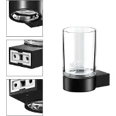 Keuco tandenborstelhouder matzwart gepoedercoat en transparant kristalglas, glas met houder voor badkamer, tandenborstelhouder, wandmontage, Plan Black Selection