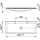 Keuco EDITION 11 Keramische dubbele wastafel, 1407x17x538mm, met 2x1 kraangat, wit, 31160311402