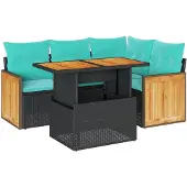 vidaXL 5-delige Loungeset met kussens poly rattan acacia zwart