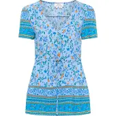 Usha Blouse lichtblauw / jade groen / oranje / wit