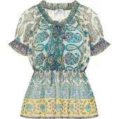 Usha Blouse turquoise / goudgeel / jade groen