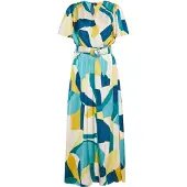 Faina Jurk lichtbeige / navy / aqua / goudgeel