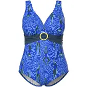 Ulla Popken Badpak marine / lichtblauw / neongeel