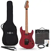 Gear4Music LA Select Modern Electric Guitar Transparent Ruby Red 15W Guitar Amp & Accessory Pack