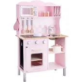 Woet Houten Speelgoed Kinderkeuken - Speelkeukentje met Kookplaat met Licht en Geluid - Speelkeuken Roze met Diverse Accessoires - Werkbladhoogte 55 cm - Rollenspel - Vanaf 3 Jaar