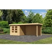 Karibu Tuinhuis Askola 2, in natuurlijke stijl, geleverd als set met een uitbouw, met een breedte van 2,80 meter en een achterwand van 19 mm dik