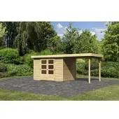 Karibu Gartenhaus, tuinhuis, model Askola 4, in een set met een aanbouwdak, breedte 2,40 meter, onbehandeld hout, afmetingen 522x217x211 cm