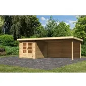 Karibu Houten blokkenhuis Bastrup, in natuurlijke staat, in een set met een aanbouwdak, 4 meter breed, 28 mm dikke achterwand