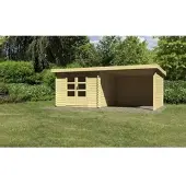 Karibu Tuinhuis, blokhut, tuingericht, Bastrup 5, in een set met aanbouwdak, 3 meter breed, zij- en achterwand van 28 mm, onbehandeld, afmetingen 579x297x220 cm