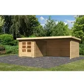 Karibu Houten blokkenhuis Bastrup, in natuurlijke staat, in een set met een aanbouwdak. Breedte: 4 meter, zij- en achterwanden: 28 mm dik