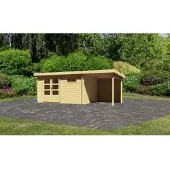 Karibu Houten blokkenhuis Bastrup 8, in natuurlijke staat, in een set met een aanbouwdak, 2 meter breed, 28 mm dikke achterwand