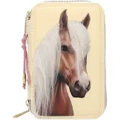 Miss Melody - Triple Pencil Case With Horse Head Application - Light Yellow