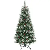 Costway Kunstkerstboom , 180 cm, met rode bessen, besneeuwde spar met metalen voet, PVC-naalden, inklapbare kunstkerstboom