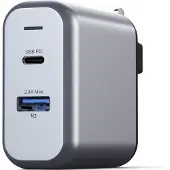 Satechi 2-poorts oplader (30W) – 1 x USB-C PD max. 18W – 1 x USB-A max. 12W - Reisvriendelijk ontwerp – Grijs - Grijs