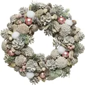 Everlands Kerstkrans/dennenkrans white wash met sneeuw en versiering 34 cm - Dennenkransen/deurkransen kerstversiering