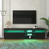 STILVORA TV-meubel 180X35X48CM van MDF en glaslaminaat, zwart hoogglans, met variabele LED-verlichting