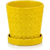 Polnix Keramiek Pot 15cm - Geel/Mosterd met Schotel