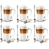 Alex Set bevat 6 Glazen Mokken met Schotels en Lepels - 400ml