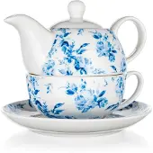 Banket Merkloos Theepot & Kopje Set, Blauw Bloemmotief, Keramiek, 620 ml