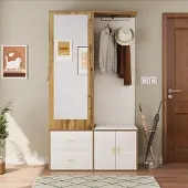 MODFU Kapstok 100x38x180 cm van spaanplaat, met spiegel, uittrekbare kledingstang en schoenenrek