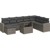 vidaXL 9-delige tuinmeubelset met kussens, grijs, polyrotan
