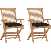 Syfax Opklapbare stoelen met zwarte kussens, 2 stuks, massief teakhout