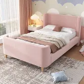 MODFU Ledikant 90x200 cm – fluweel roze – met kosmisch cartoonpatroon en slee-ontwerp – kinderkamer