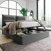 MODFU Bedframe 140x200 cm – Grijs fluweel met verstelbaar hoofdbord & hydraulisch