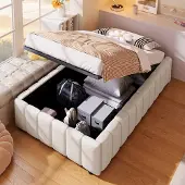 MODFU Bedframe 90x200 cm, gestoffeerd linnen met MDF, beige, hydraulische opbergruimte